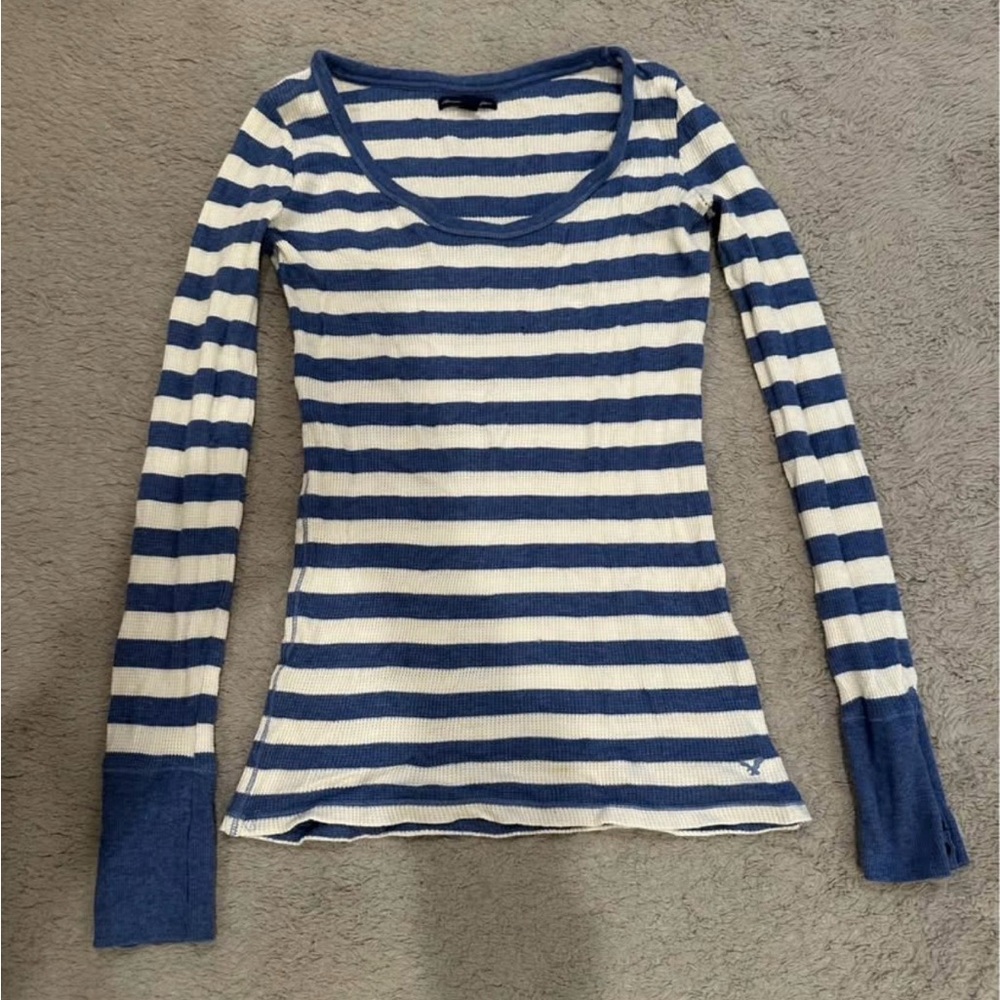 AE Navy and White Striped Long Sleeve Tee